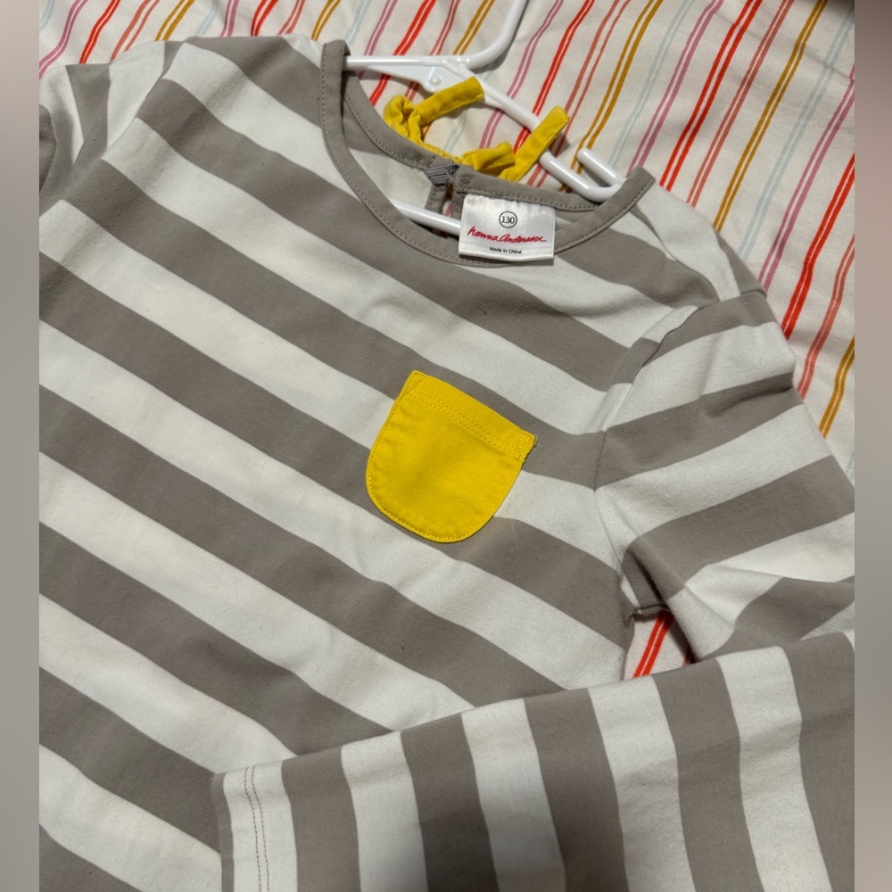 Hanna Andersson Gray and White Striped Dress with Yellow Pocket | Size 130 - Picture 2 of 3